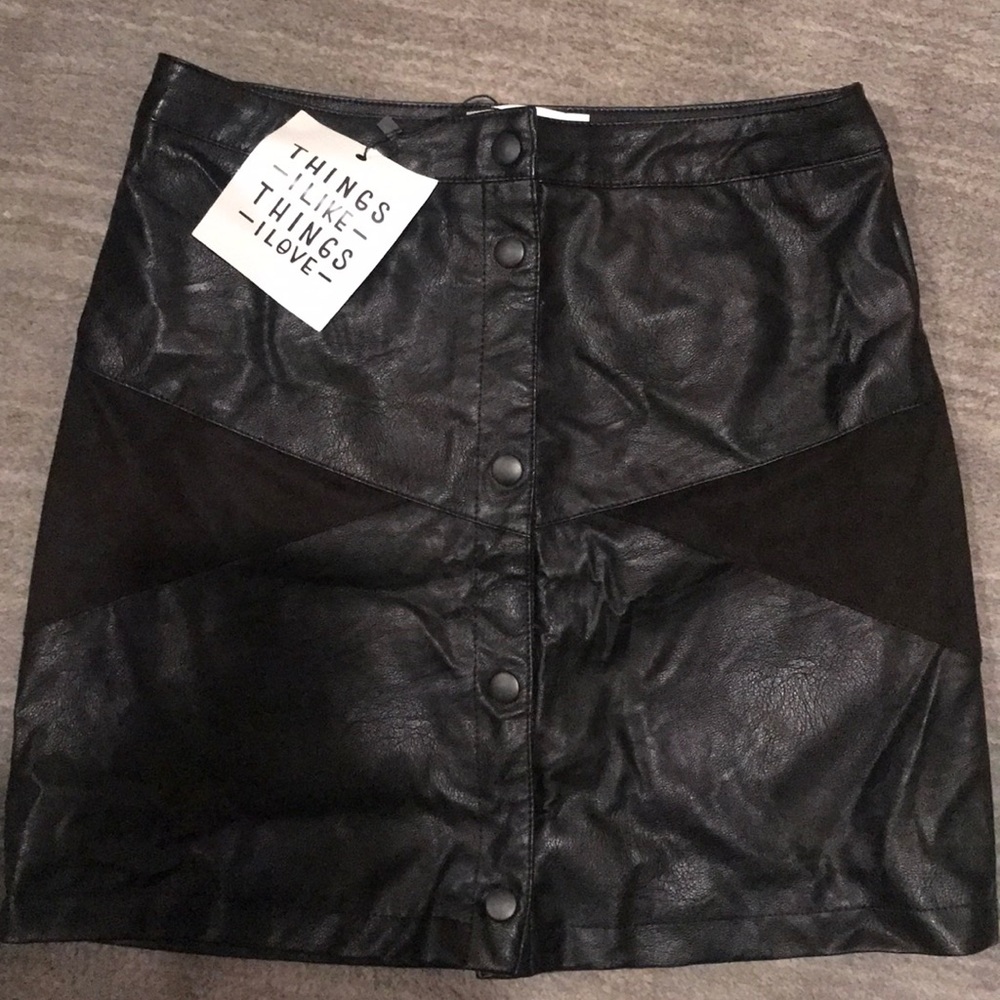 Black, leather, high-waisted button-up skirt